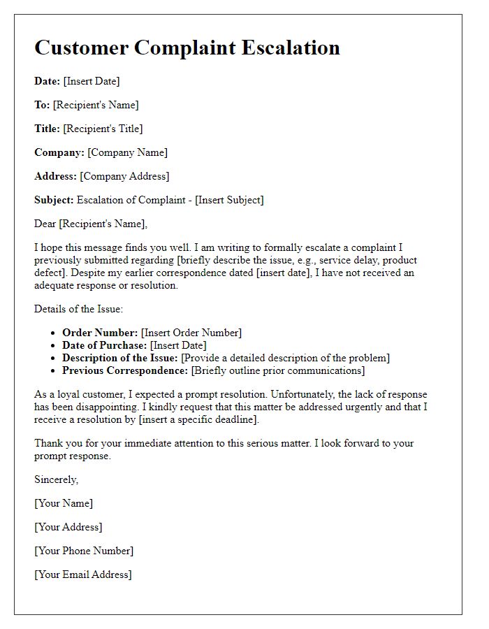 Letter template of Detailed Customer Complaint Escalation