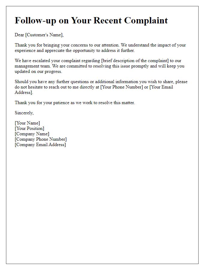 Letter template of Follow-up for Customer Complaint Escalation