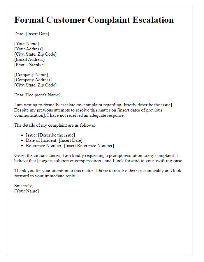 Letter template of Formal Customer Complaint Escalation