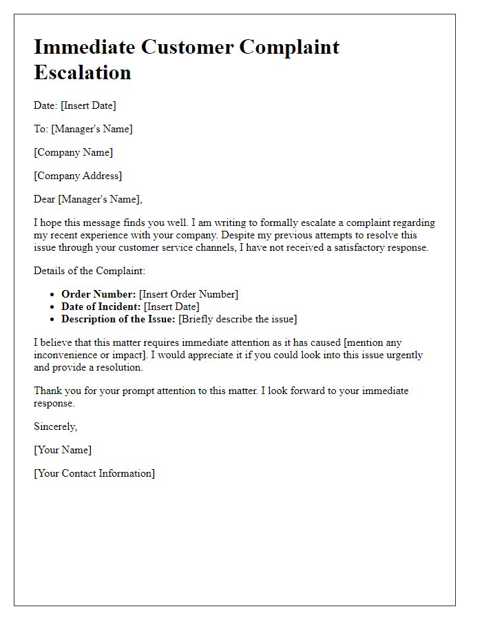 Letter template of Immediate Customer Complaint Escalation