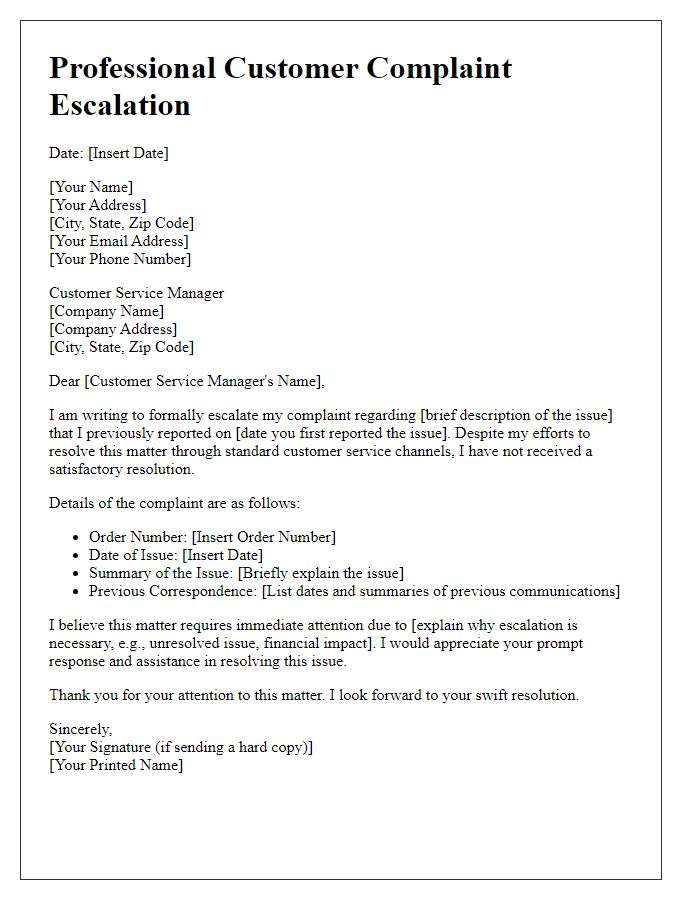 Letter template of Professional Customer Complaint Escalation