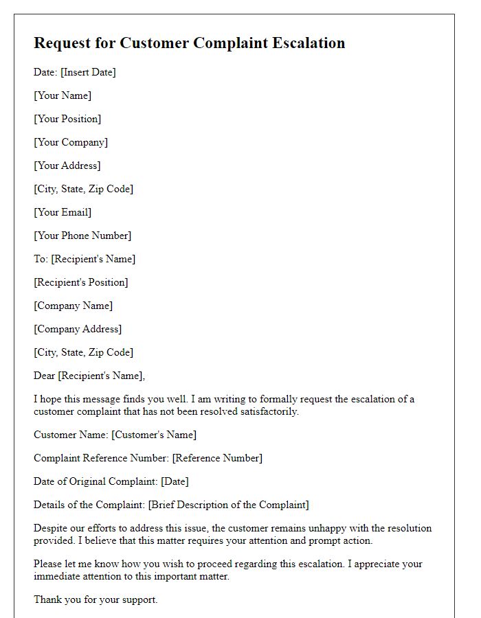 Letter template of Request for Customer Complaint Escalation