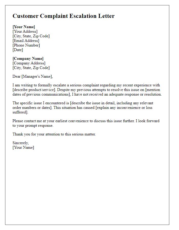 Letter template of Serious Customer Complaint Escalation