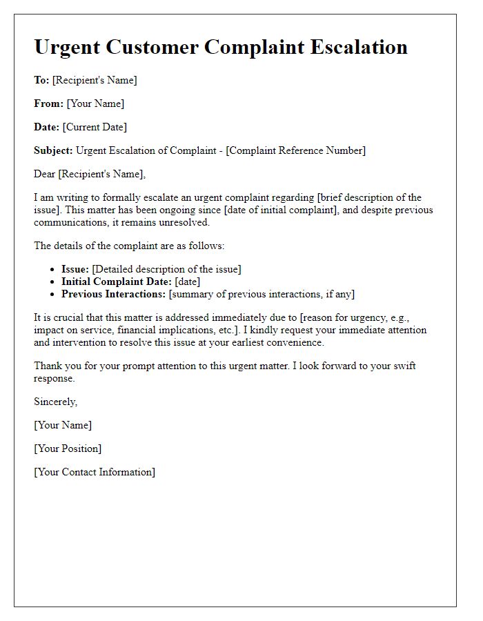 Letter template of Urgent Customer Complaint Escalation