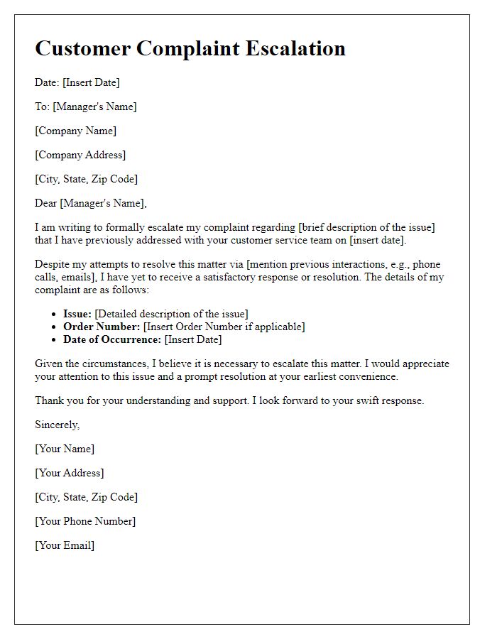 Letter template of Written Customer Complaint Escalation