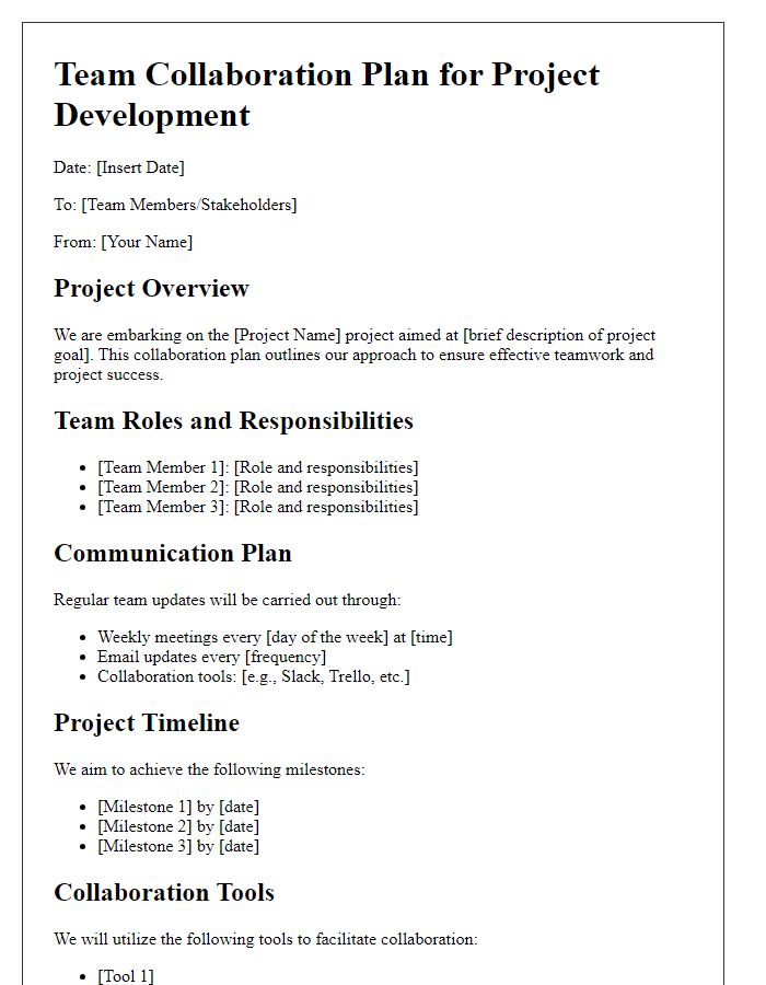 Letter template of team collaboration plan for project development