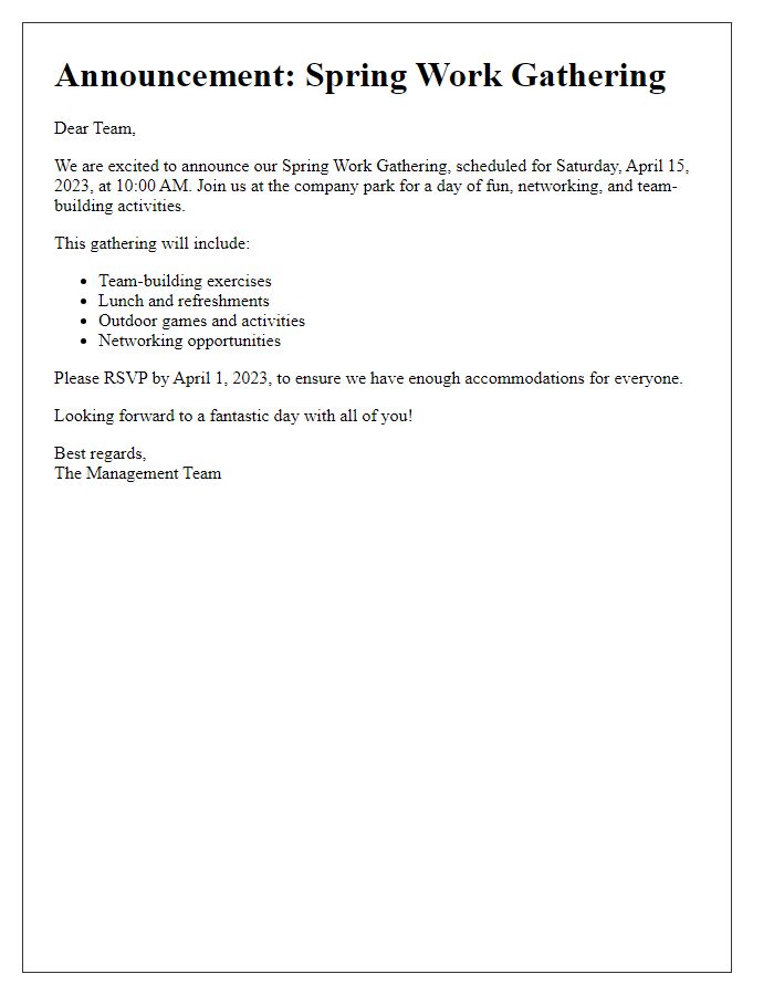 Letter template of announcement for spring work gathering