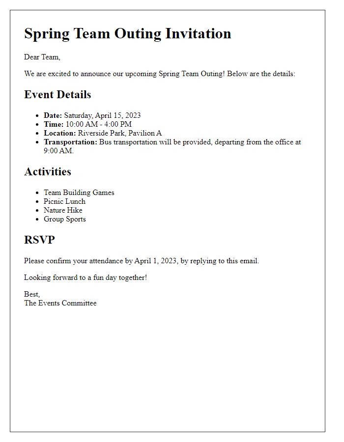 Letter template of details for spring team outing