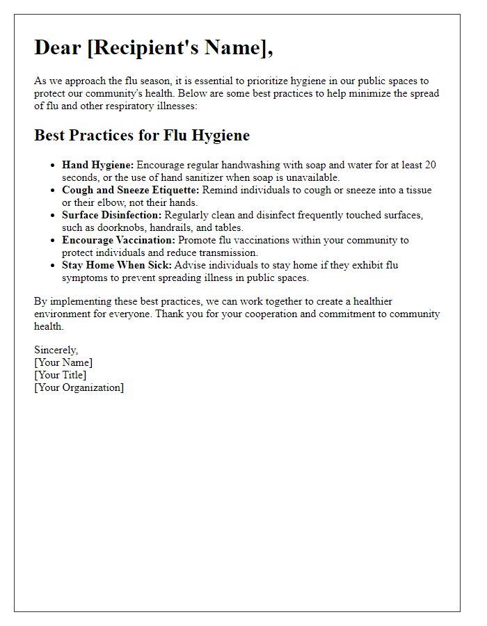 Letter template of best practices for flu hygiene in public spaces.