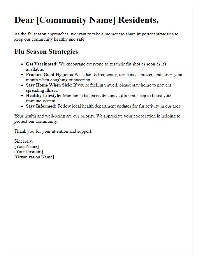 Letter template of community awareness for flu season strategies.