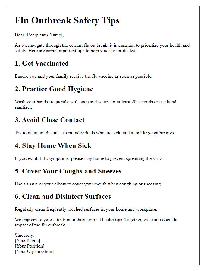 Letter template of healthcare tips for flu outbreak safety.