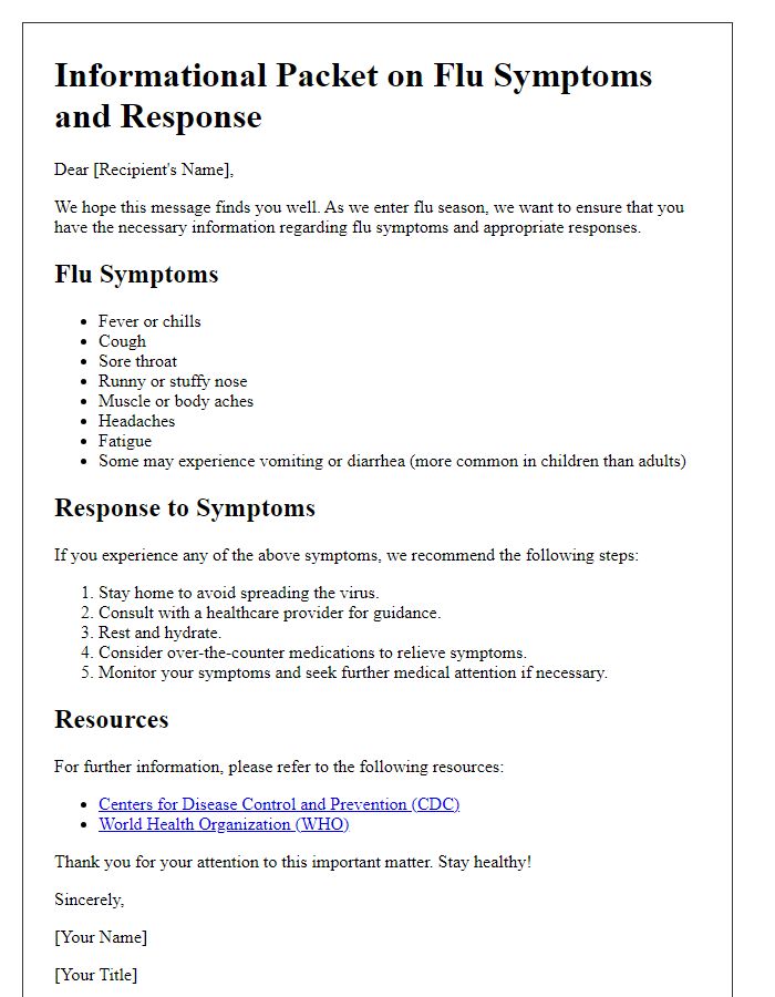 Letter template of informational packet on flu symptoms and response.