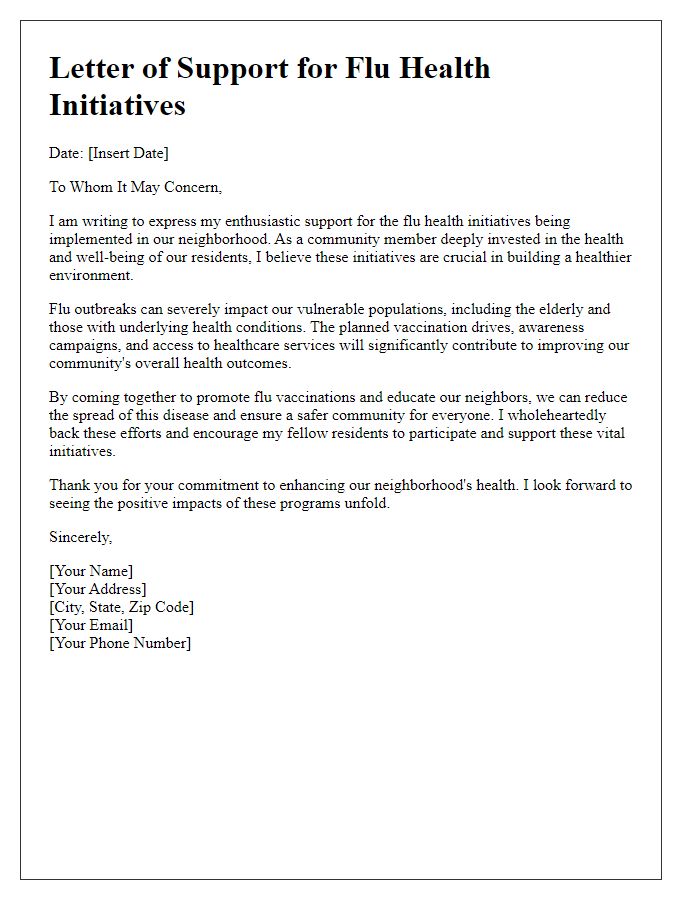 Letter template of support for flu health initiatives in neighborhoods.