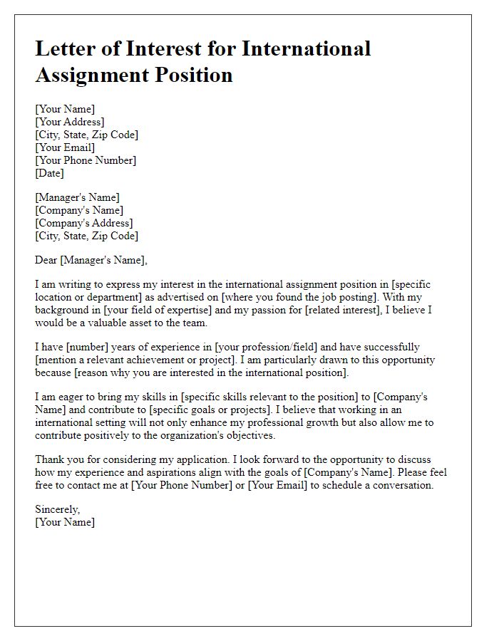 Letter template of interest for international assignment position