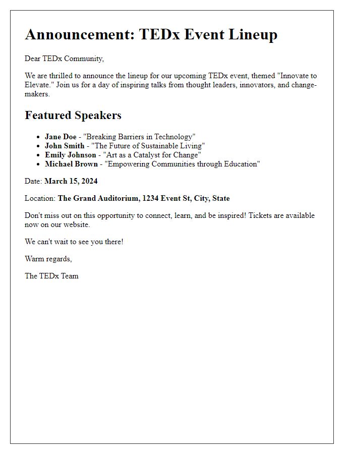 Letter template of announcement for TEDx event lineup.