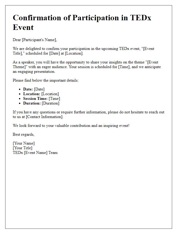 Letter template of confirmation for TEDx event participation.