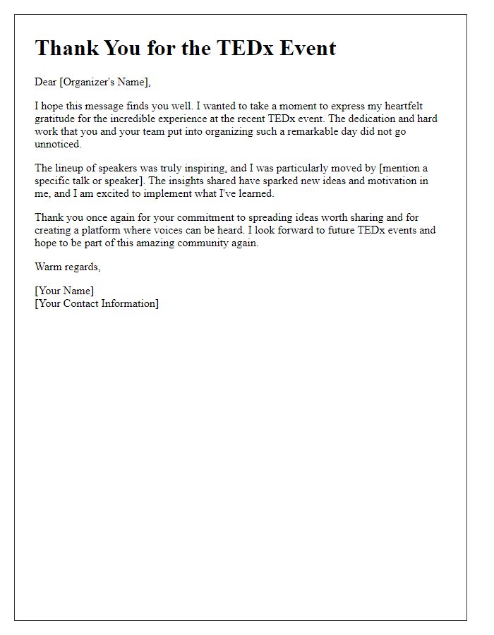 Letter template of thank you for TEDx event organizers.