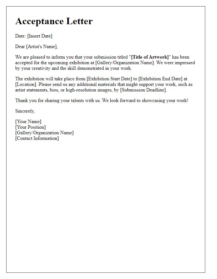 Letter template of acceptance for visual arts submissions