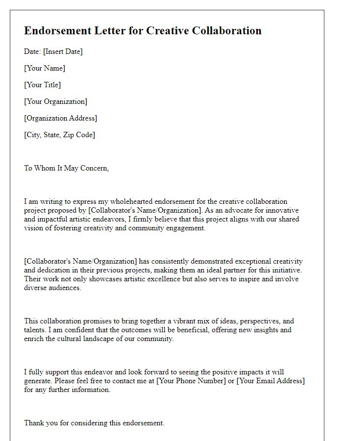 Letter template of endorsement for creative collaboration projects