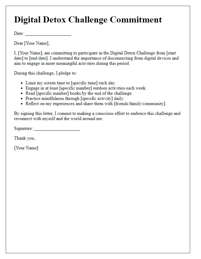 Letter template of Digital Detox Challenge Commitment