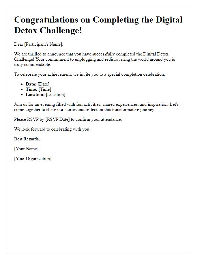 Letter template of Digital Detox Challenge Completion Celebration