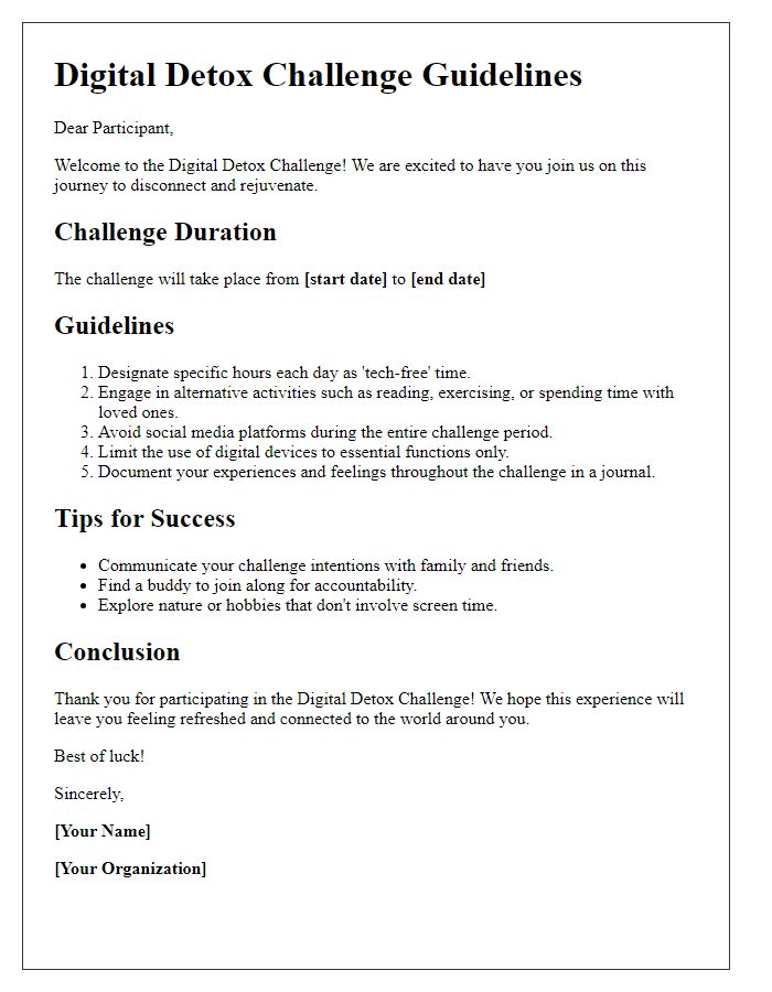 Letter template of Digital Detox Challenge Guidelines