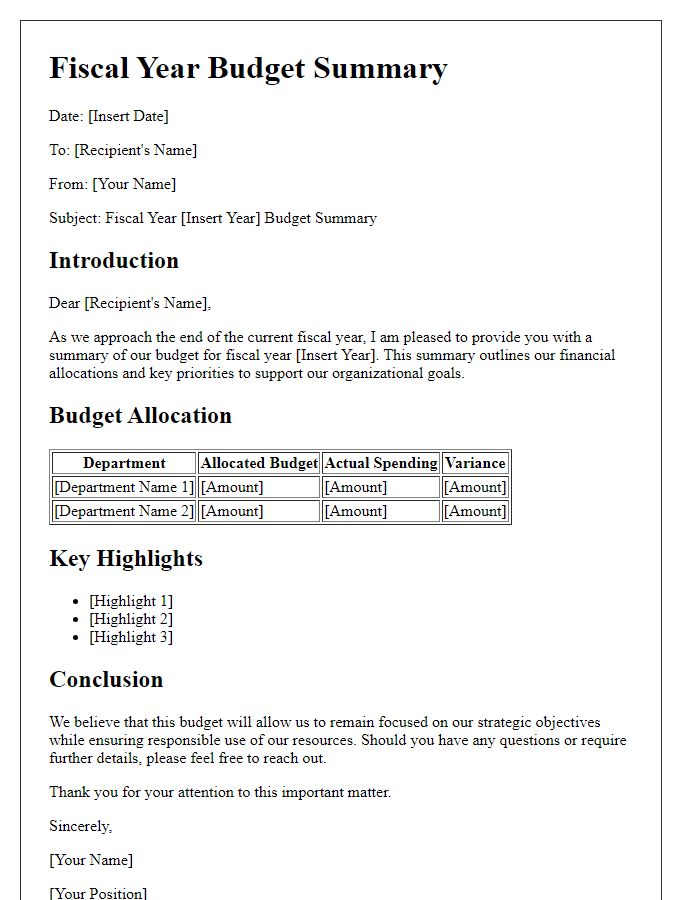 Letter template of fiscal year budget summary