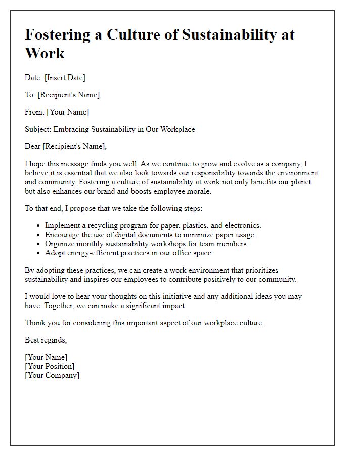 Letter template of fostering a culture of sustainability at work.