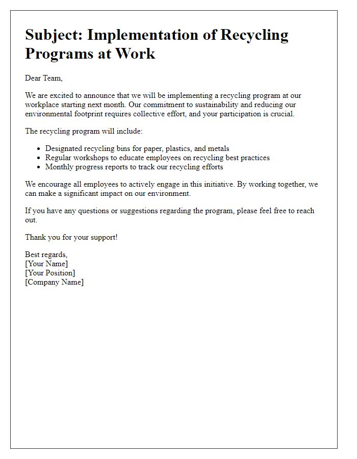 Letter template of implementing recycling programs at work.