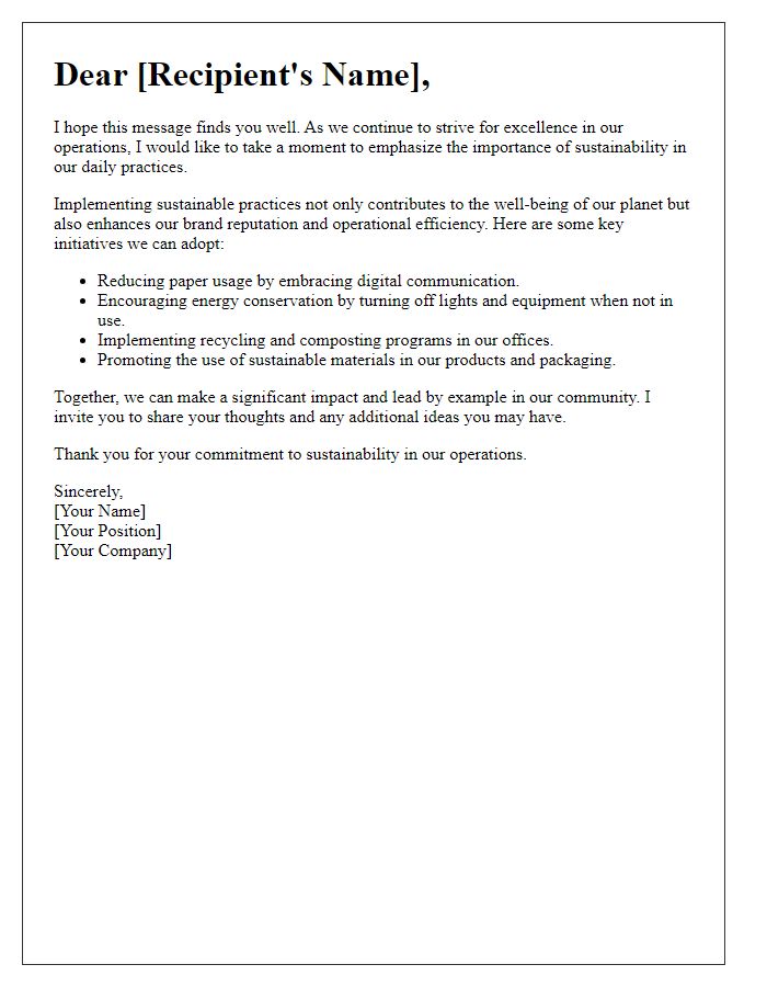 Letter template of promoting sustainability in daily operations.