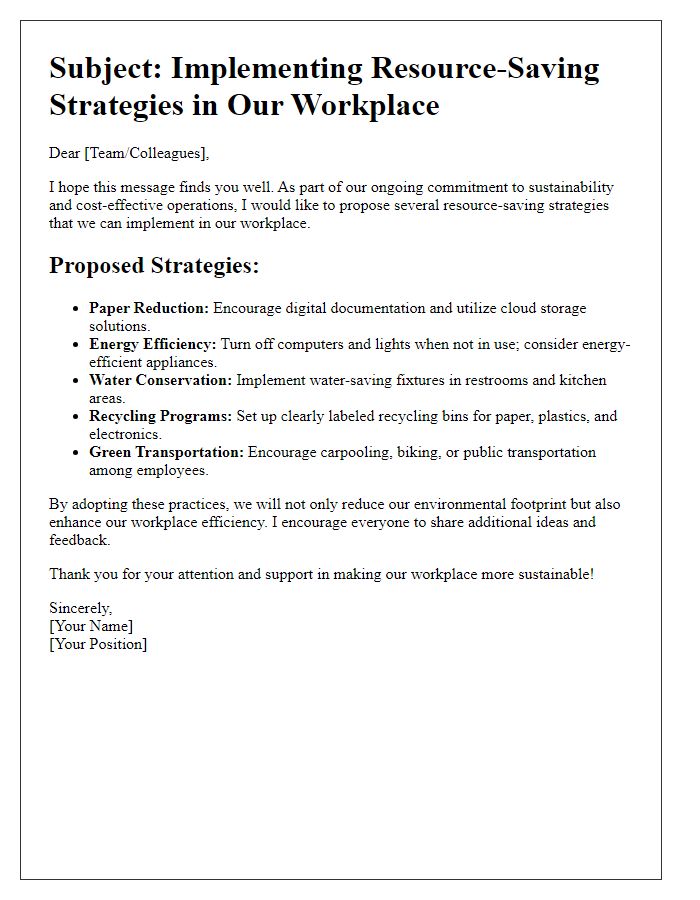 Letter template of resource-saving strategies for the workplace.