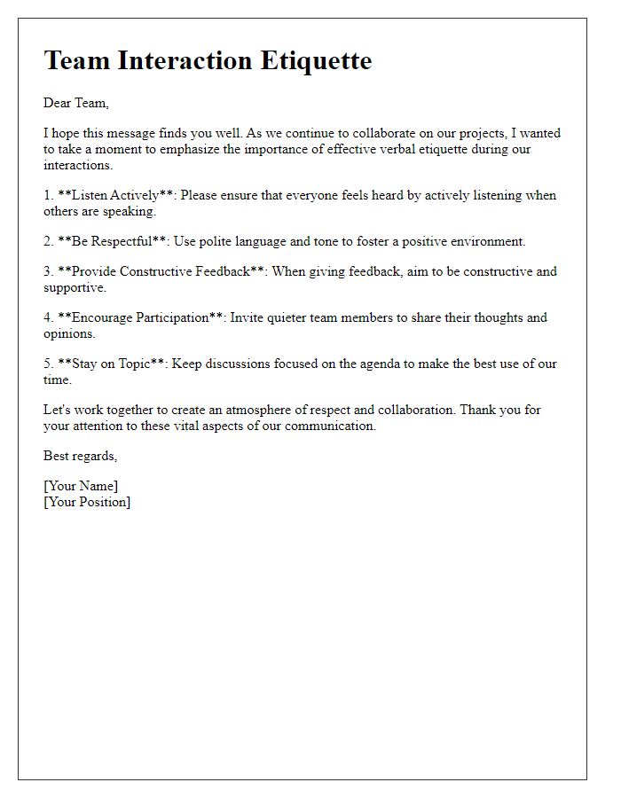 Letter template of effective verbal etiquette for team interactions.