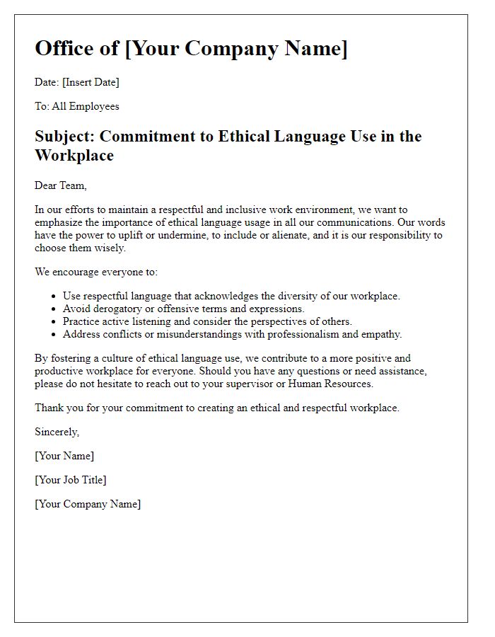 Letter template of ethical language use in the office.