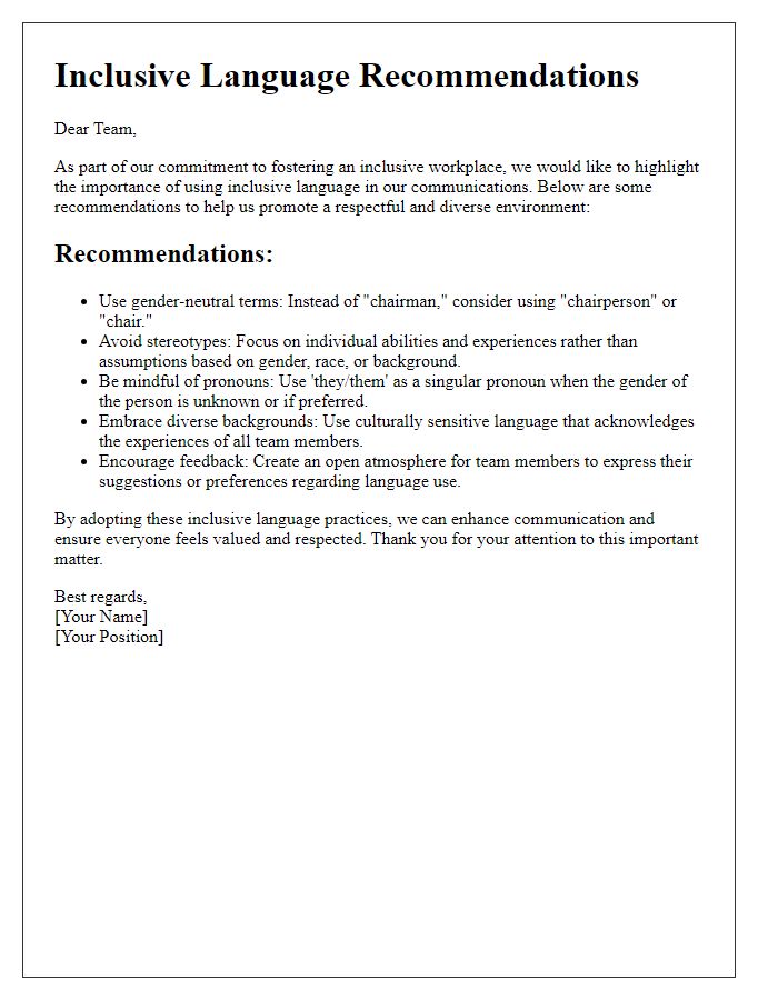 Letter template of inclusive language recommendations in the workplace.