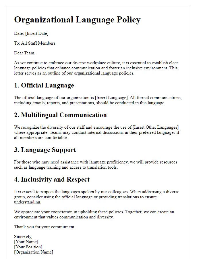 Letter template of organizational language policies for staff.