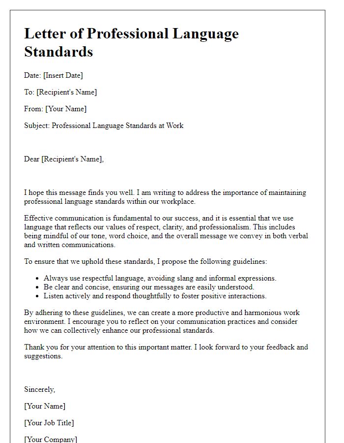 Letter template of professional language standards at work.