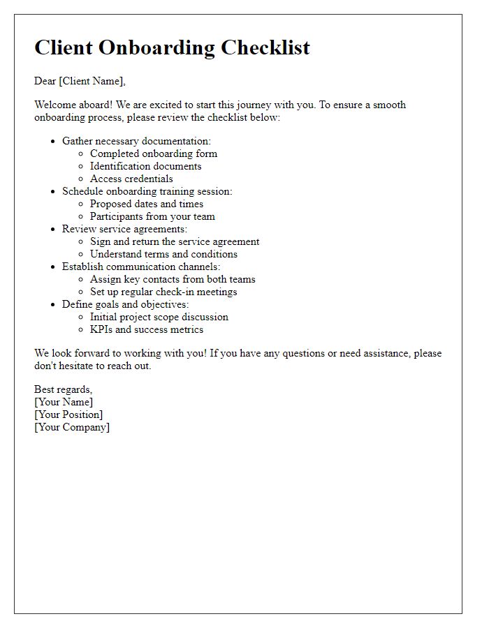 Letter template of checklist for successful client onboarding