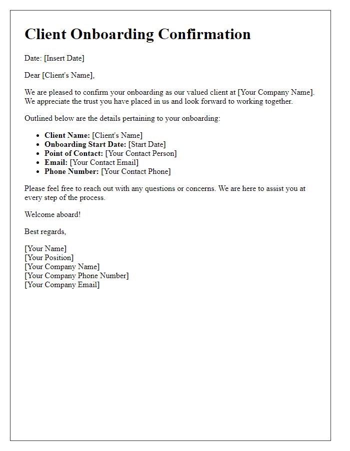 Letter template of confirmation for new client onboarding