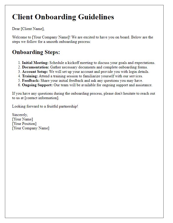 Letter template of guidelines for client onboarding steps