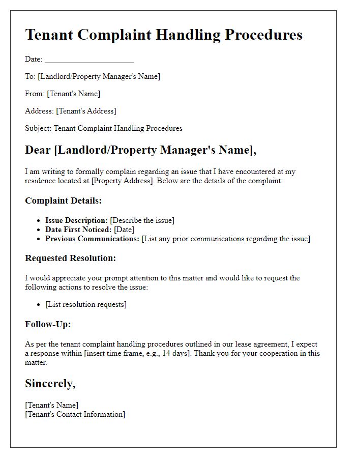 Letter template of tenant complaint handling procedures