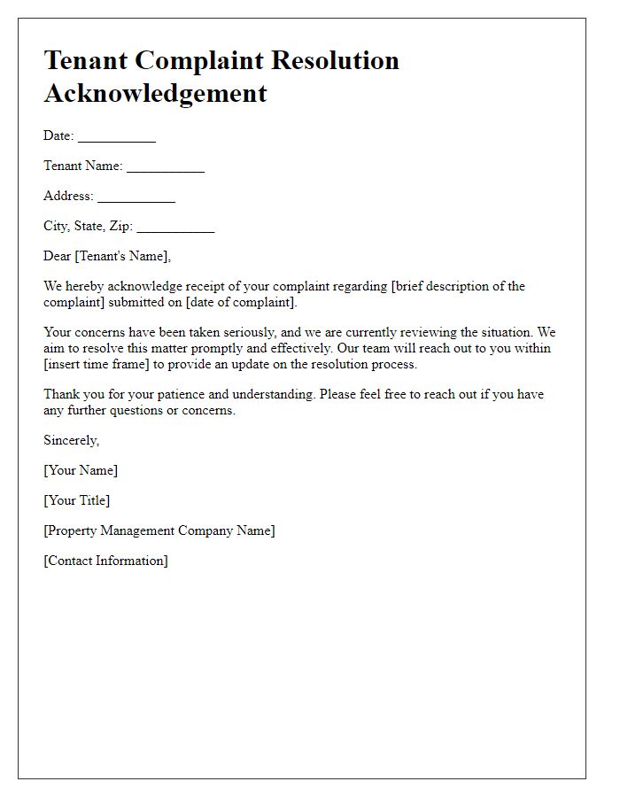 Letter template of tenant complaint resolution acknowledgement