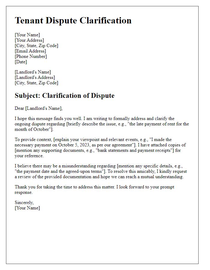 Letter template of tenant dispute clarification