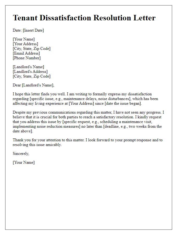 Letter template of tenant dissatisfaction resolution