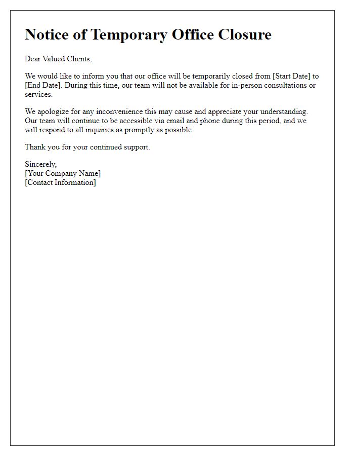 Letter template of temporary office closure announcement to clients