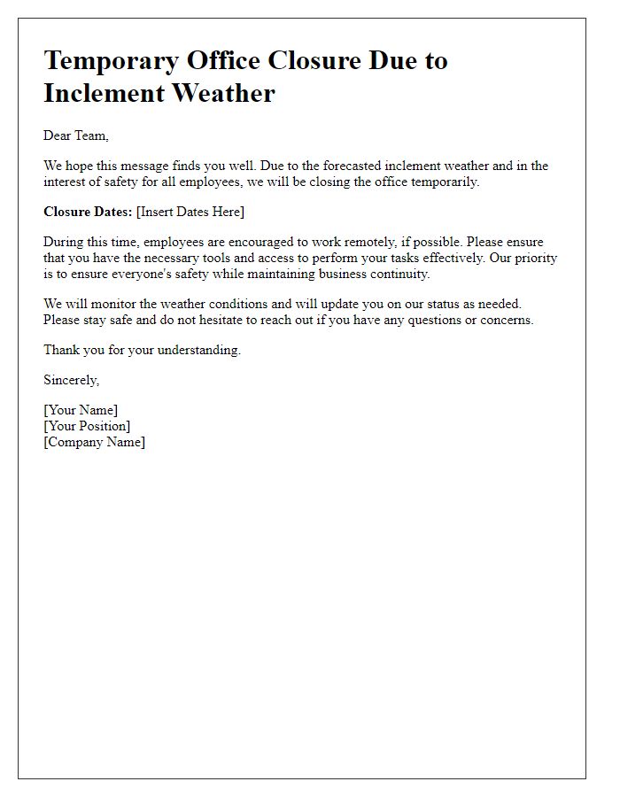 Letter template of temporary office closure related to inclement weather