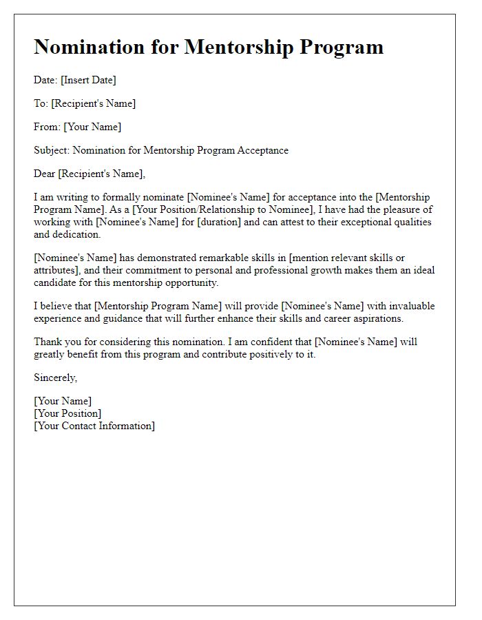 Letter template of nomination for mentorship program acceptance