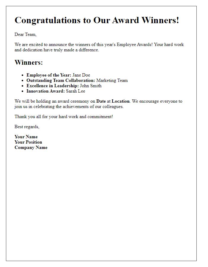 Letter template of announcement for winners of employee awards.