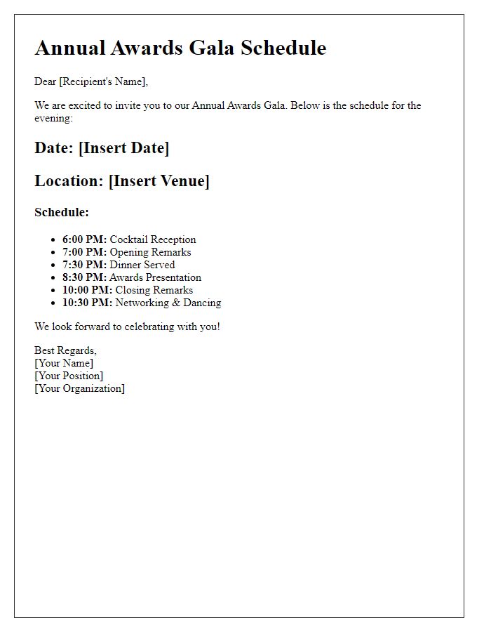 Letter template of schedule for the annual awards gala.