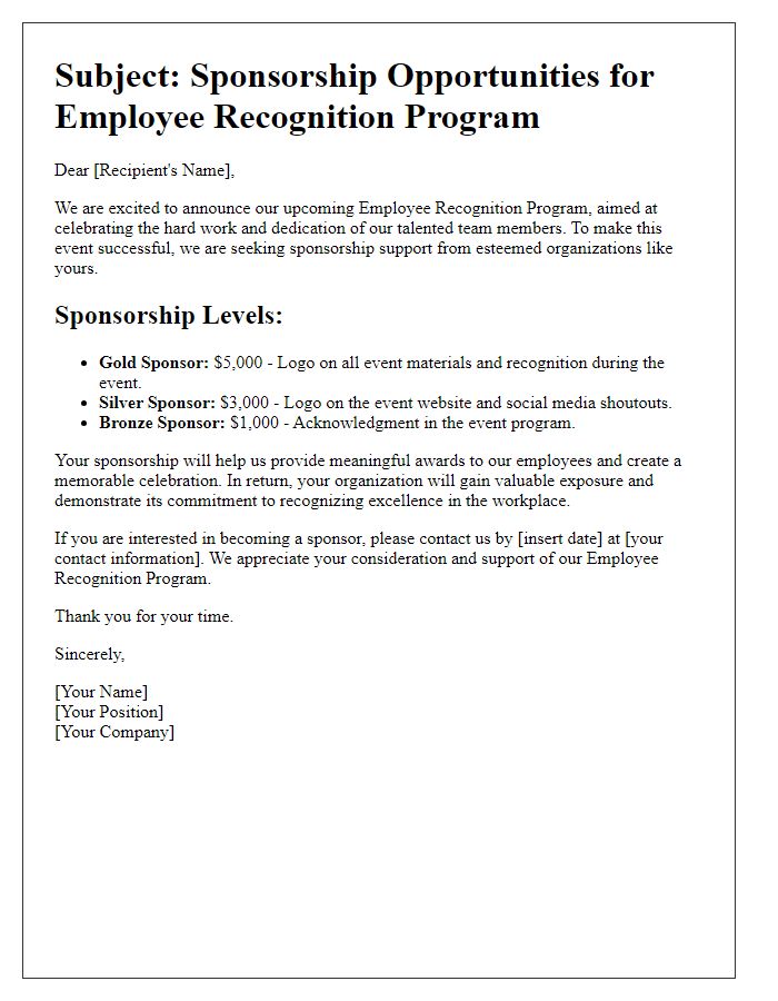 Letter template of sponsorship opportunities for employee recognition.