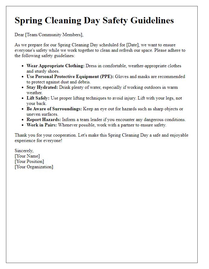 Letter template of Spring Cleaning Day Safety Guidelines